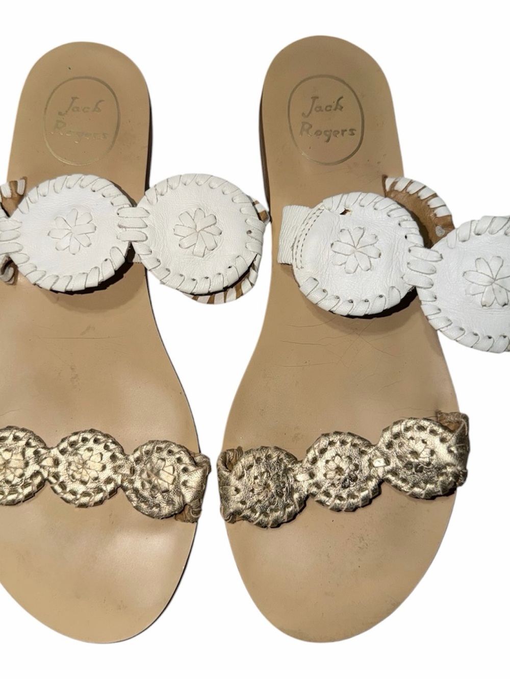 Jack Rogers White and Gold Braided Leather Slide Sandals